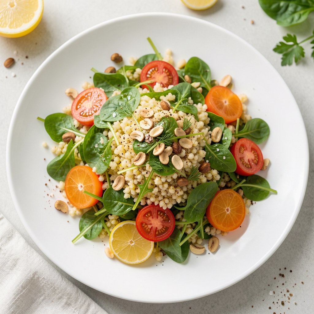 Kasza kuskus z orzechami włoskimi, sałatą rukola i pomidorami