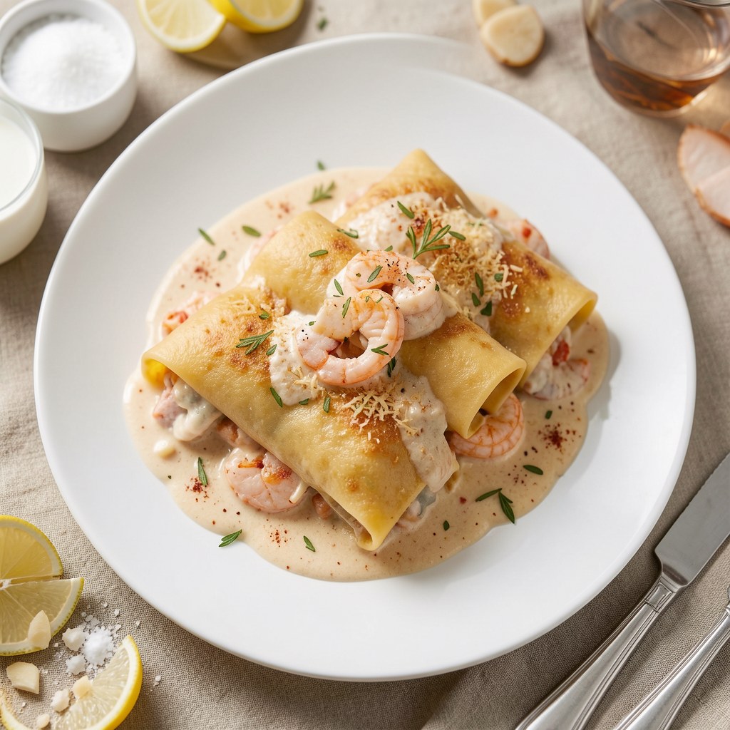 Cannelloni z farszem krabowym podane z sosem homarowym