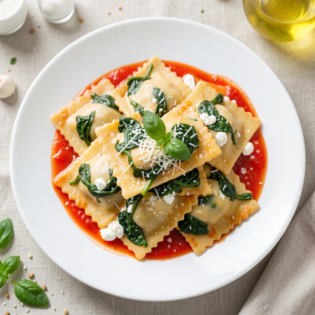 Ravioli ze szpiankiem i serem ricotta z klasycznym sosem pomidorowym ze świeżą bazylią