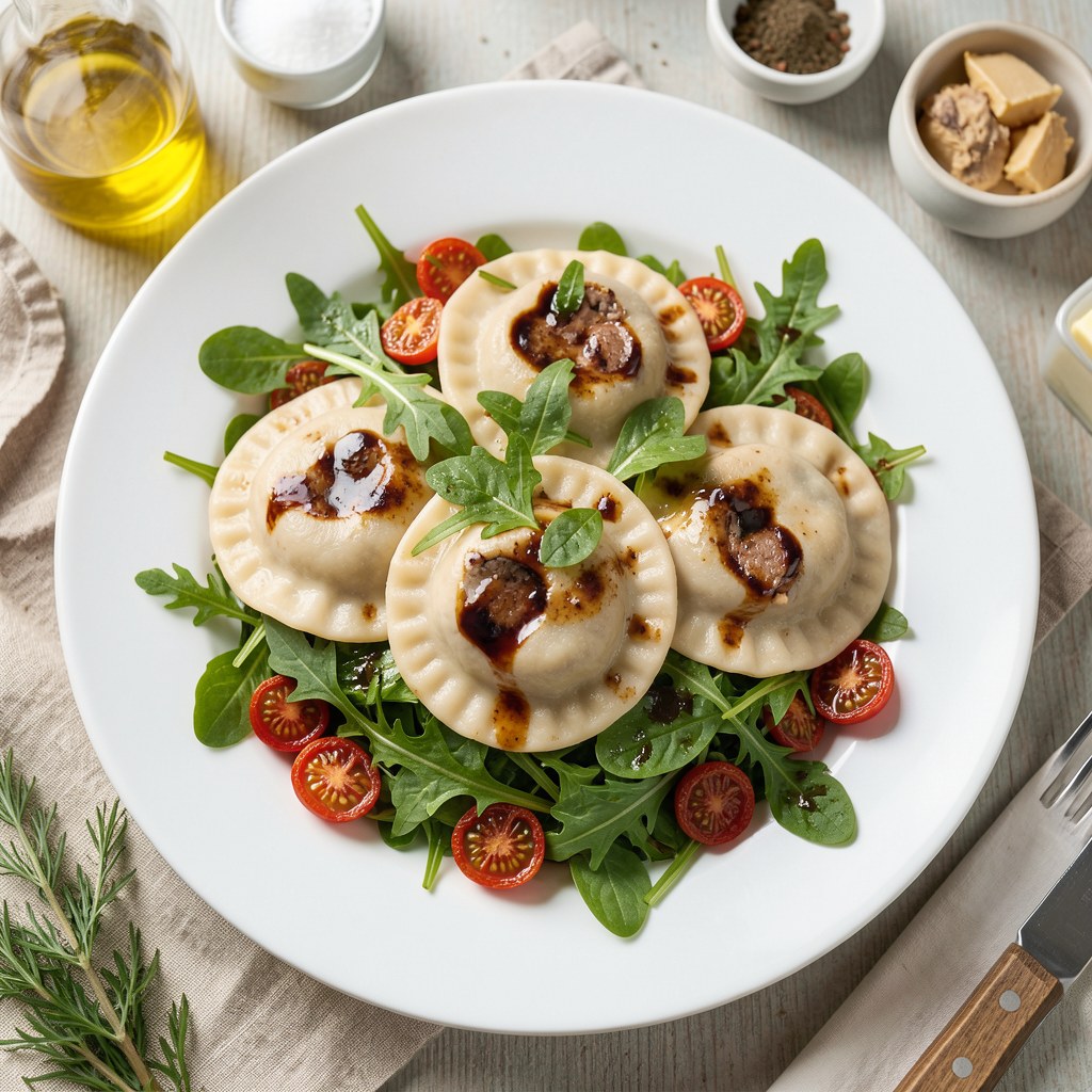 Pierogi nadziewane mięsem kaczki podane z sałatą rukola, suszonymi pomidorami oraz sosem miodowo-balsamicznym