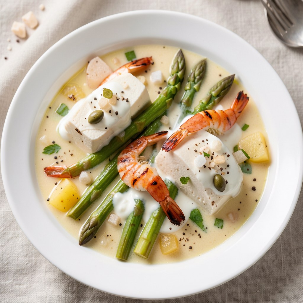 Duet kremów szparagowych z grillowanymi krewetkami