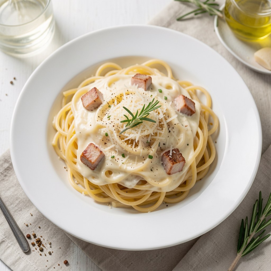 Spaghetti carbonara ze świeżo tartym serem parmezan