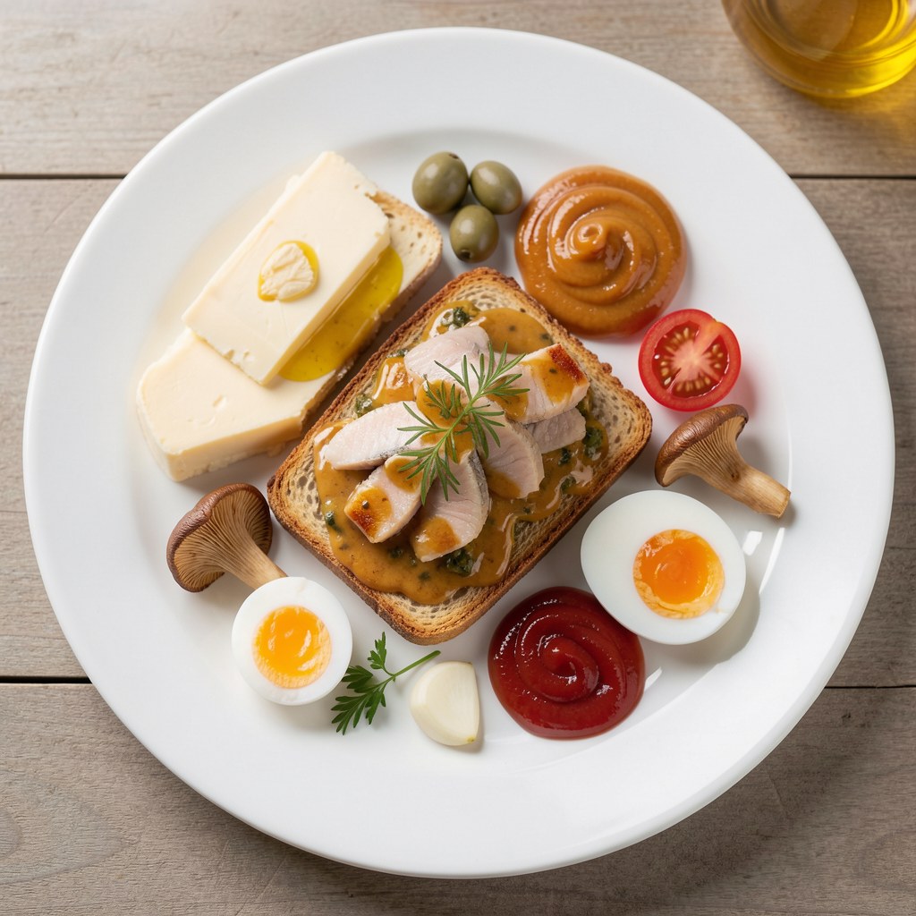 Tatar ze śledzia matias podany na pieczywie razowym z sosem musztarodow-ziołowym