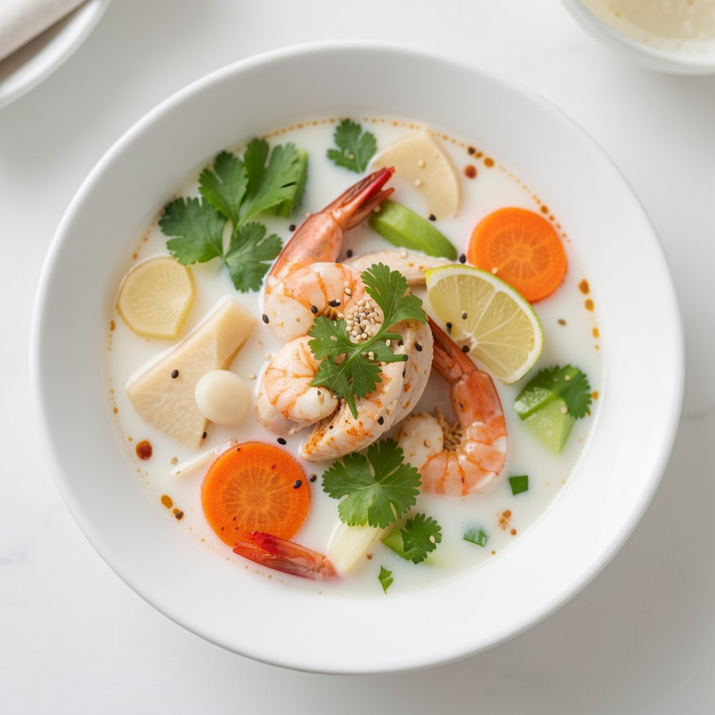 Zupa tajska z kurczakiem, krewetkami, mlekiem kokosowym i świeżą kolendrą