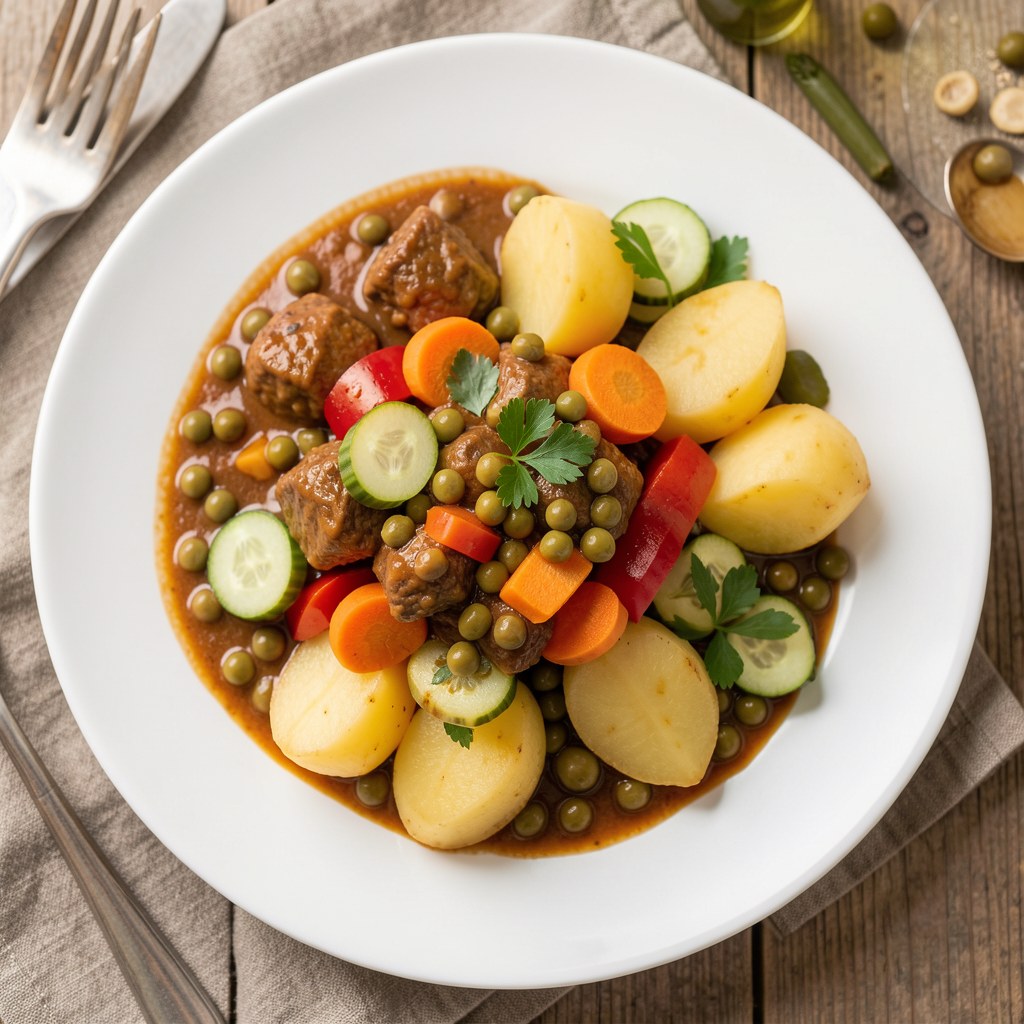 Gulasz mięsno-jarzynowy z ziemniakami i mizerią ogórkową