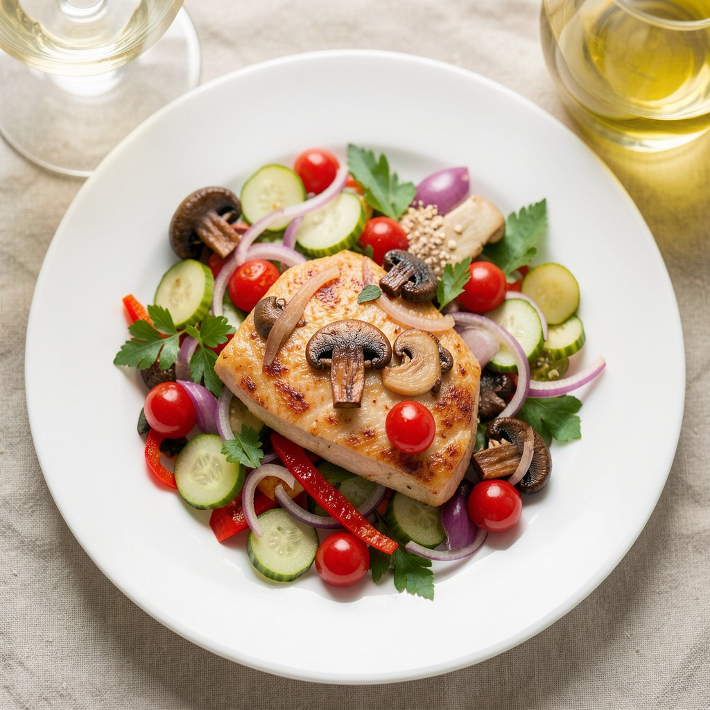 Wątróbki cielęce podane z sałatką z kiszonych ogórków, czerwonej cebuli i marynowanej papryki