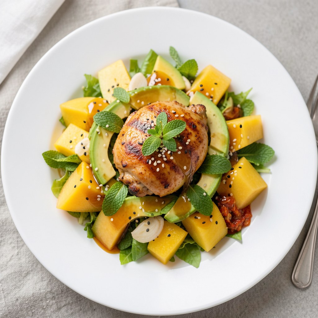 Grillowana pierś z kurczaka na chrupiącej sałatce z awokado, melona i mango ze świeżą miętą  podany z sosem miodowo-sojowym i ziarnami sezamu