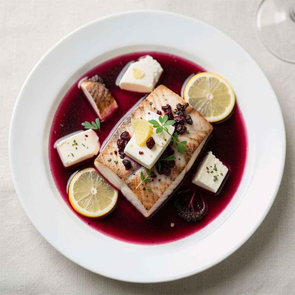 Halibut w czerwonym winie