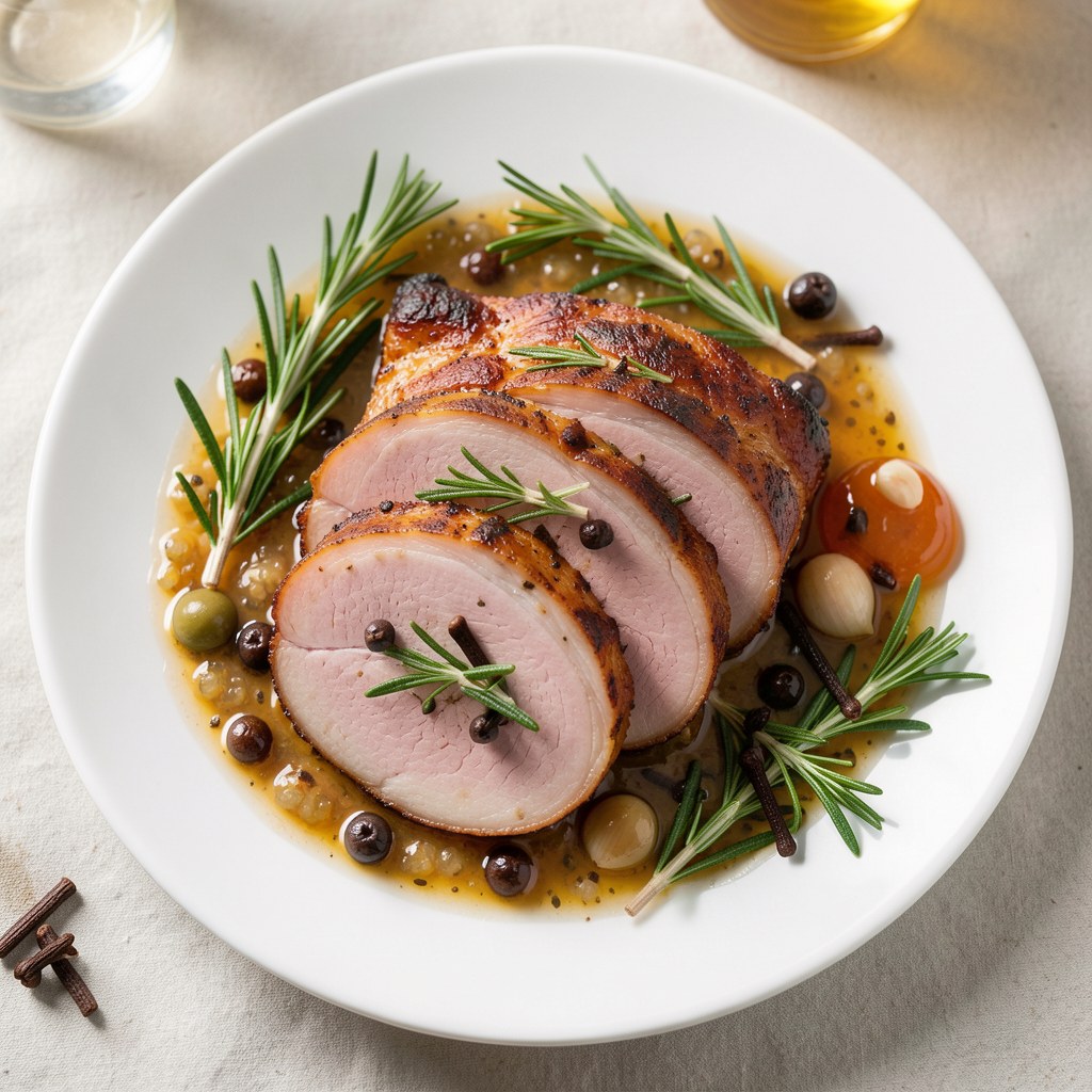 Pieczona szynka z prosięcia w zalewie piwno-miodowej z goździkówami
