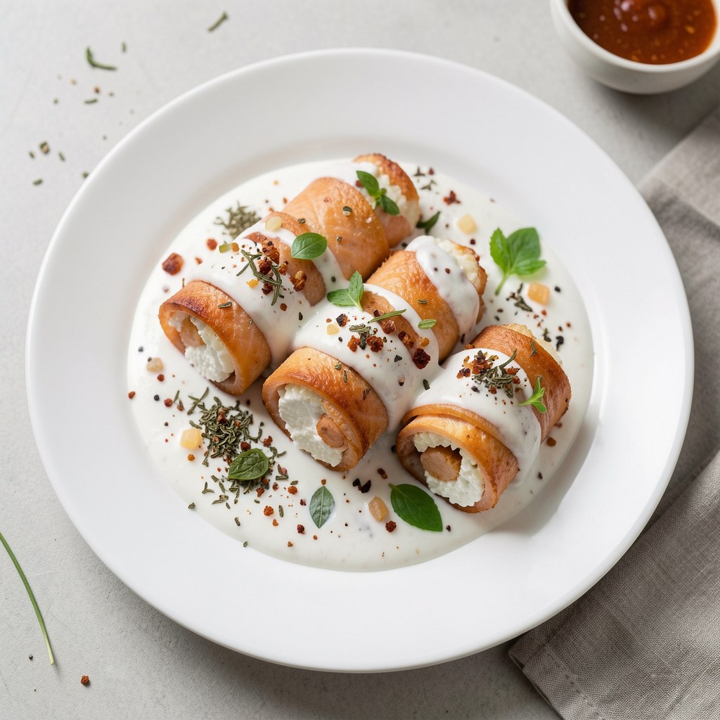 Roladki z łososia norweskiego nadziewane serem risotta z kurkami i ziołami podane z sosem jogurtowym