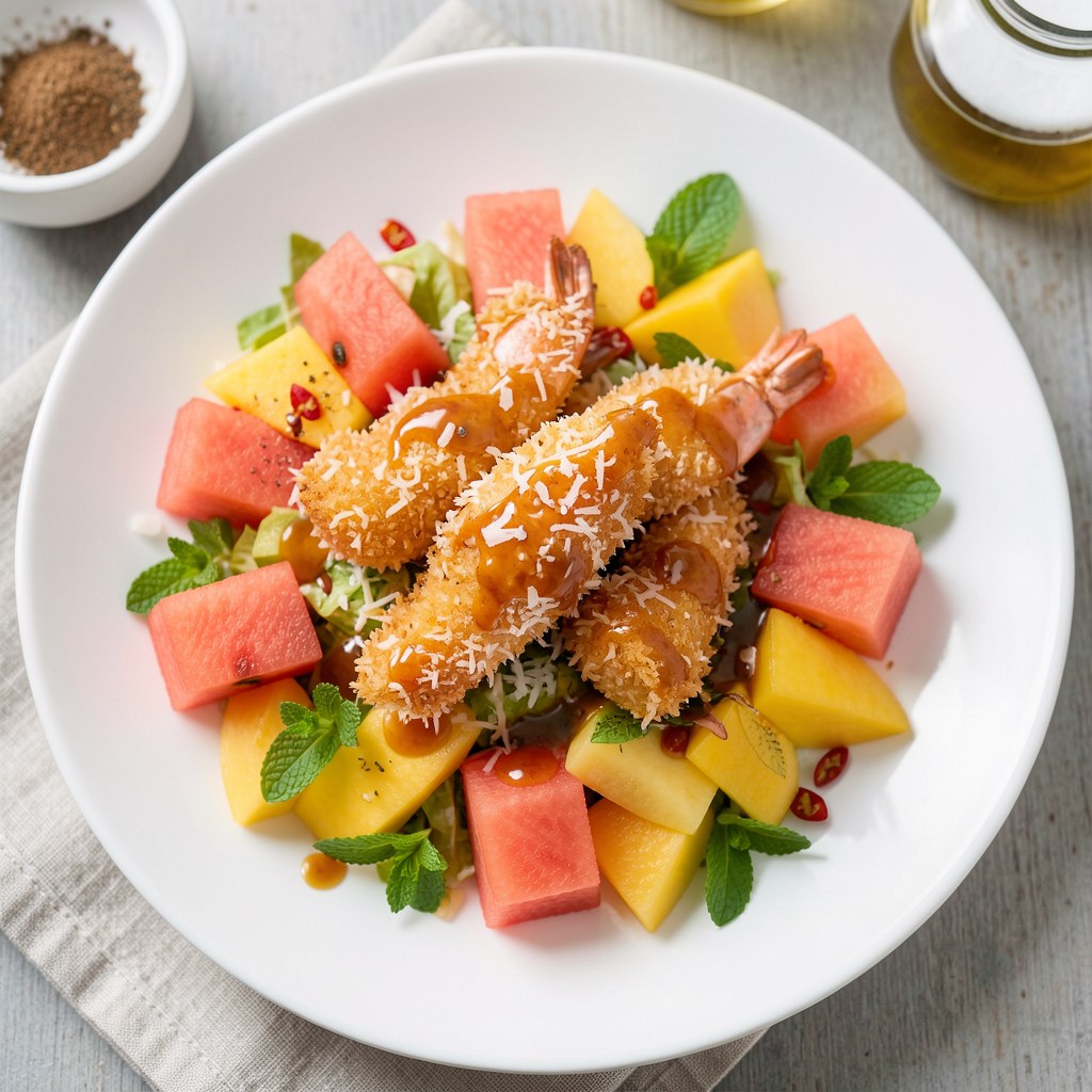 Krewetki w cieście kokosowym podane z sałatką z arbuza, melona i mango z sosem miodowo-sojowym