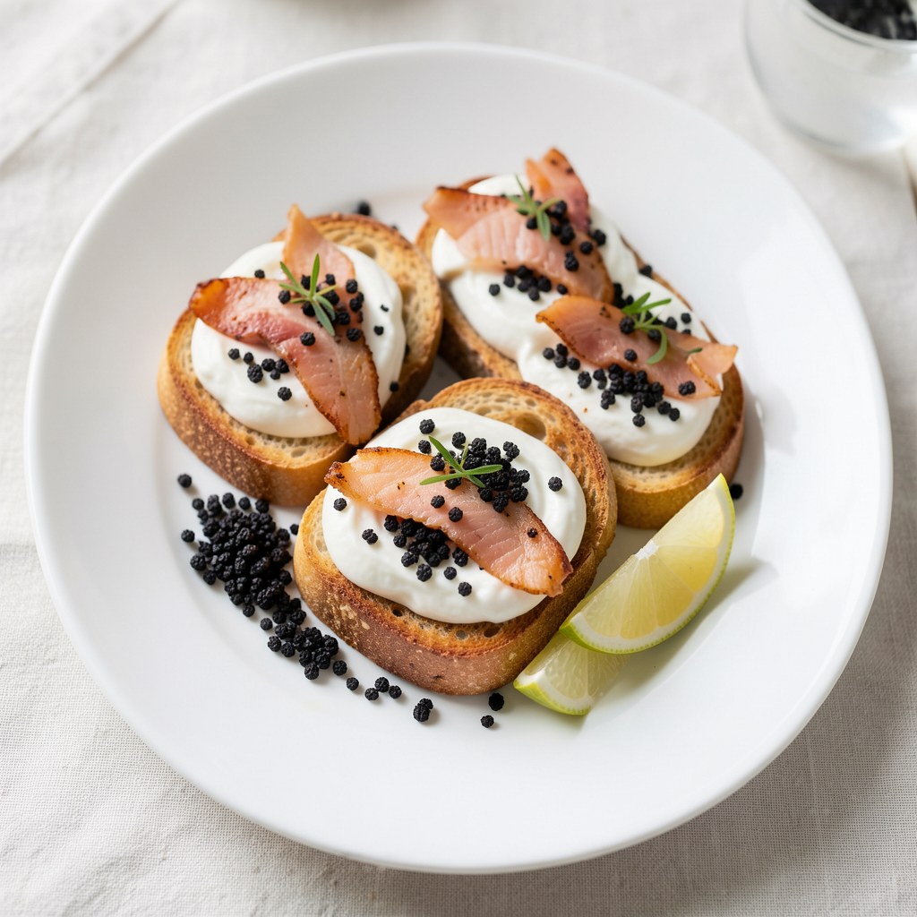 Aromatyczne grzanki z jogurtem, wędzonym łososiem i czarnym kawiorem
