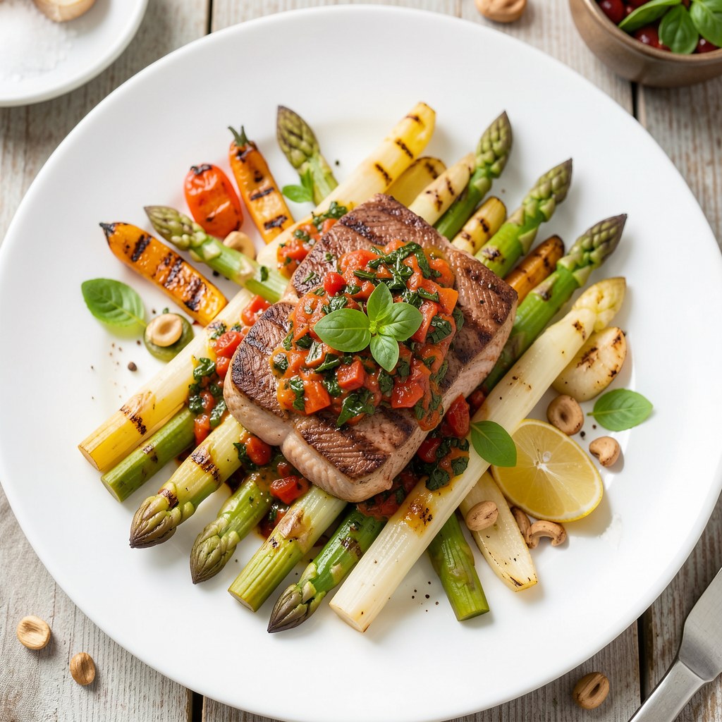 Marynowany stek z tuńczyka  podany z grillowanymi warzywami oraz sosem ze świeżych ziół i suszonych pomidorów