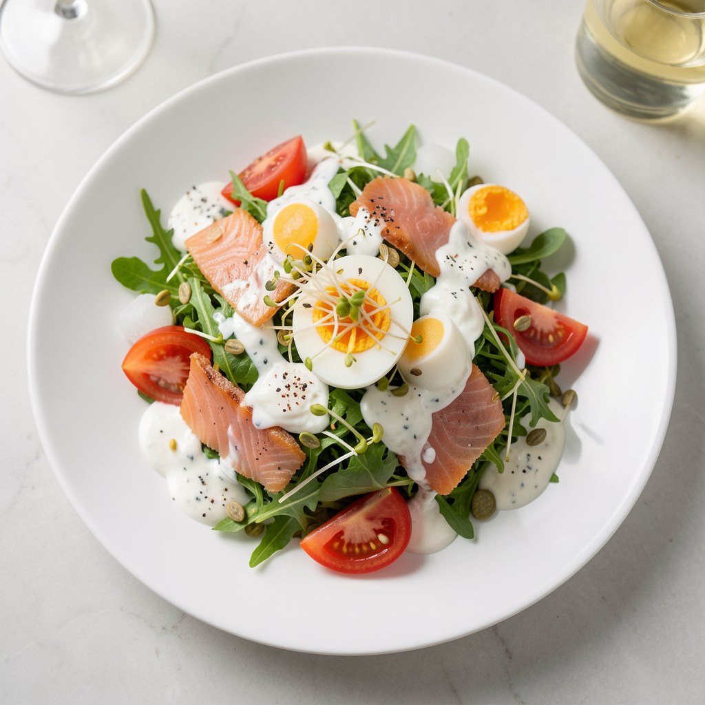 Sałatka z rzodkiewki, wędzonego łososia i sałaty lodowej  podana z sosem serowym i jajkiem sadzonym