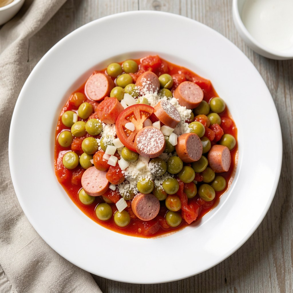 Szparagowa fasolka w sosie pomidorowym z mortadelą