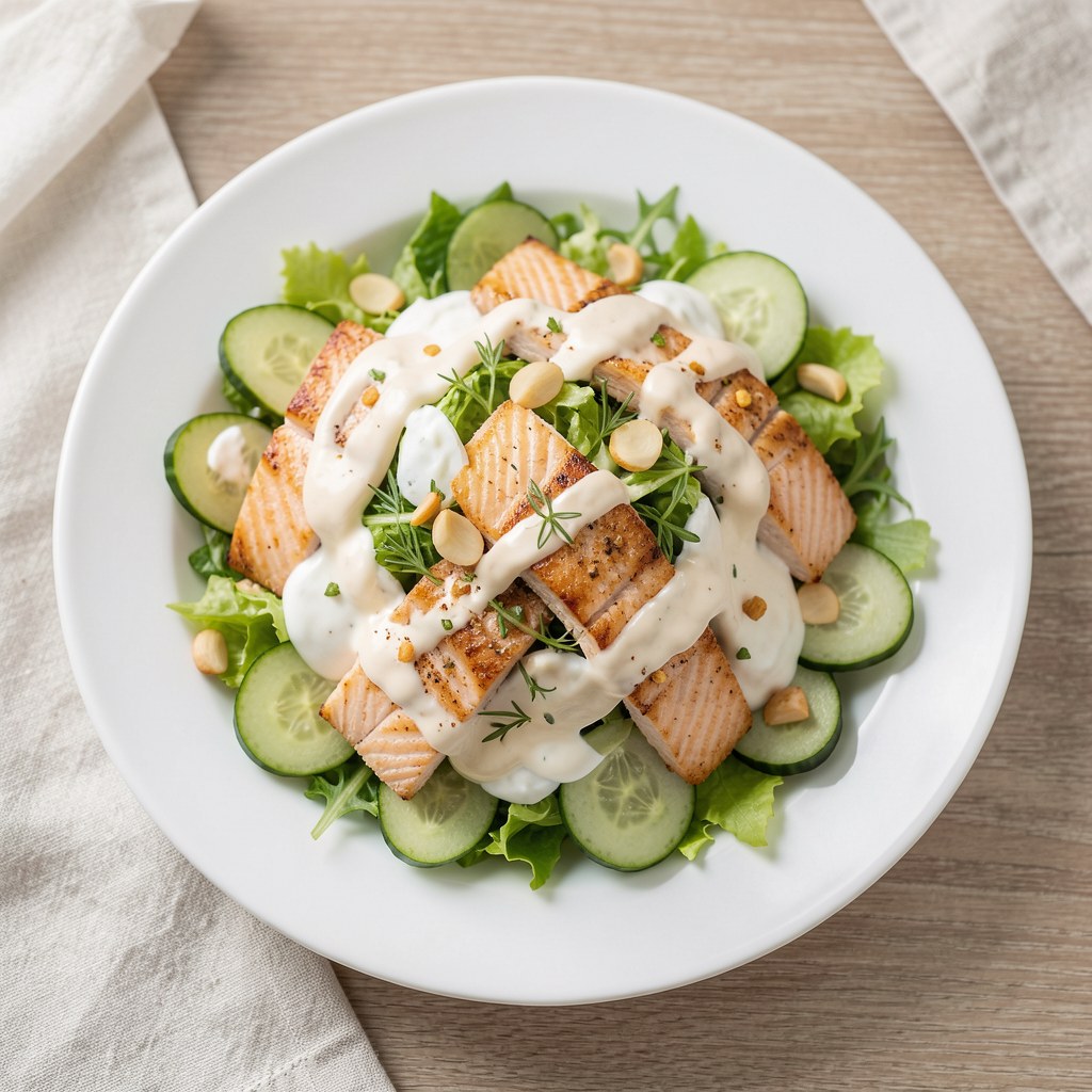 Sałatka z wędzonym łososiem polana sosem koperkowo-czosnkowym