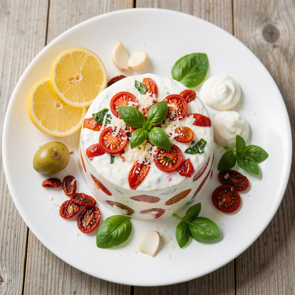 Chłodnik z czerwonej papryki z suszonymi pomidorami, bazylią i świeżo tartym parmezanem