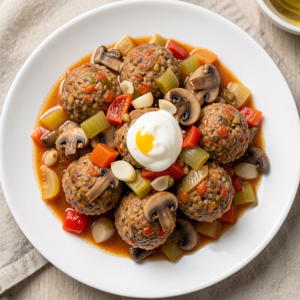 Mięsne kulki z sosem porowo-grzybowo-paprykowym