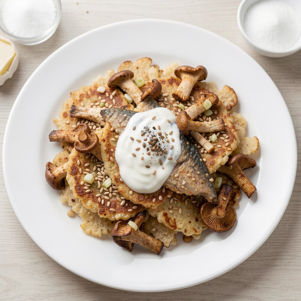 Placki z kaszy gryczanej z borowikami, ziarnami zbóż i wędzonym węgorzem z kwaśną śmietaną