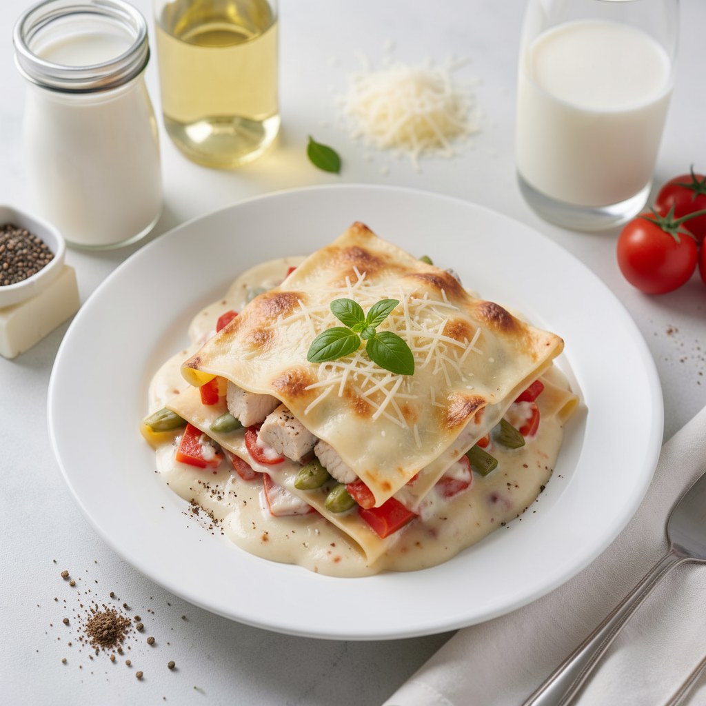 Lasagne z białymi szparagami, pomidorami i łososiem norweskim