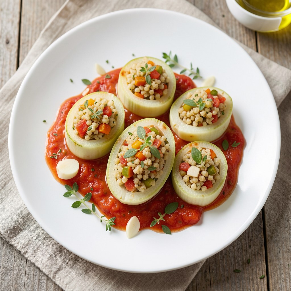 Cukiniowe łódeczki z kuskusem na pomidorach