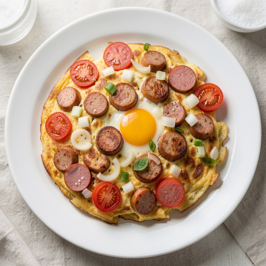 Jajecznica z cebulką, kiełbaską i pomidorkami