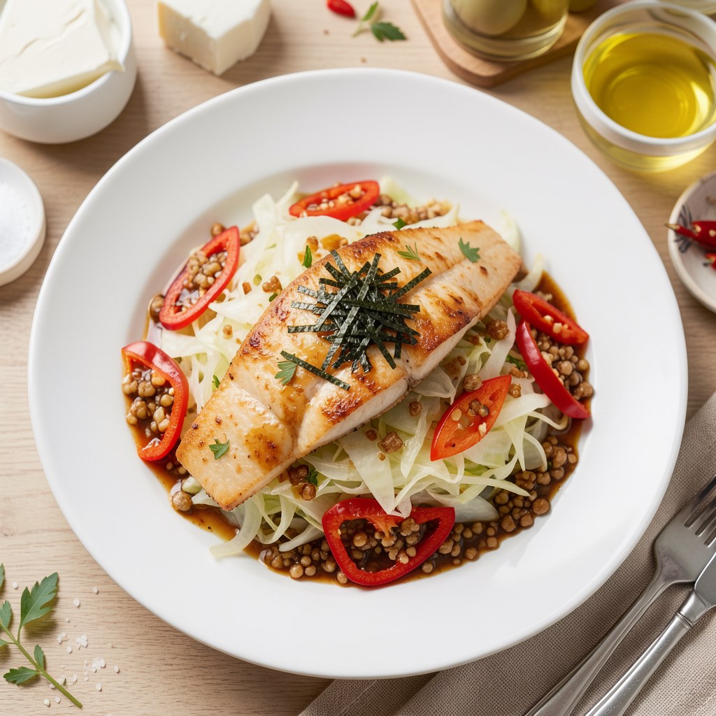 Łosoś pieczony podany na kapuscie z rzodkwią marynowaną z sosem z nori