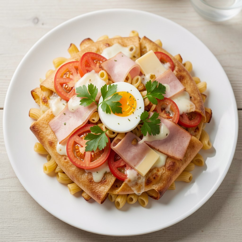 Zapiekanka z makaronem, pomidorami, cebulą, szynką i serem