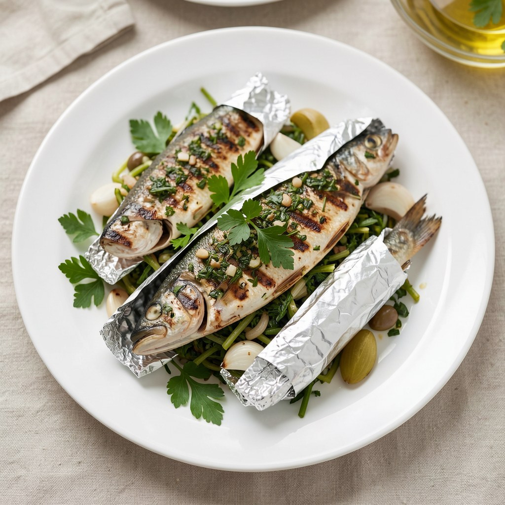 Pstrąg z Grila w pietruszce czosnku i kolendrze