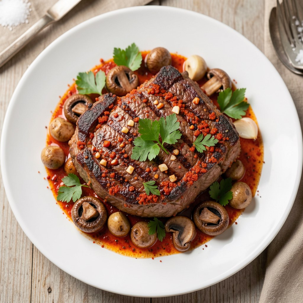 Stek wołowy z Grilla z czerwonym pieprzem w sosie z pieczarek i pietruszki