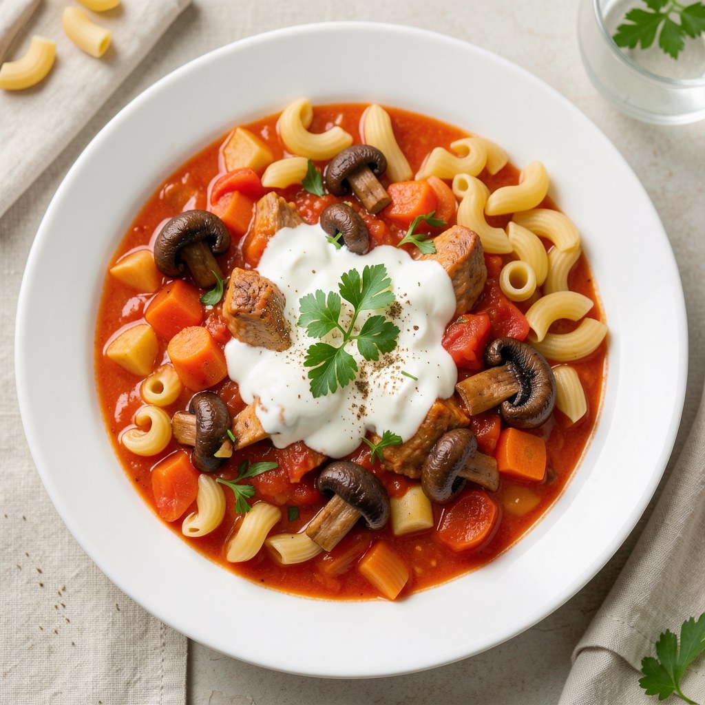 Zupa pomidorowa z mięsem i pieczarkami