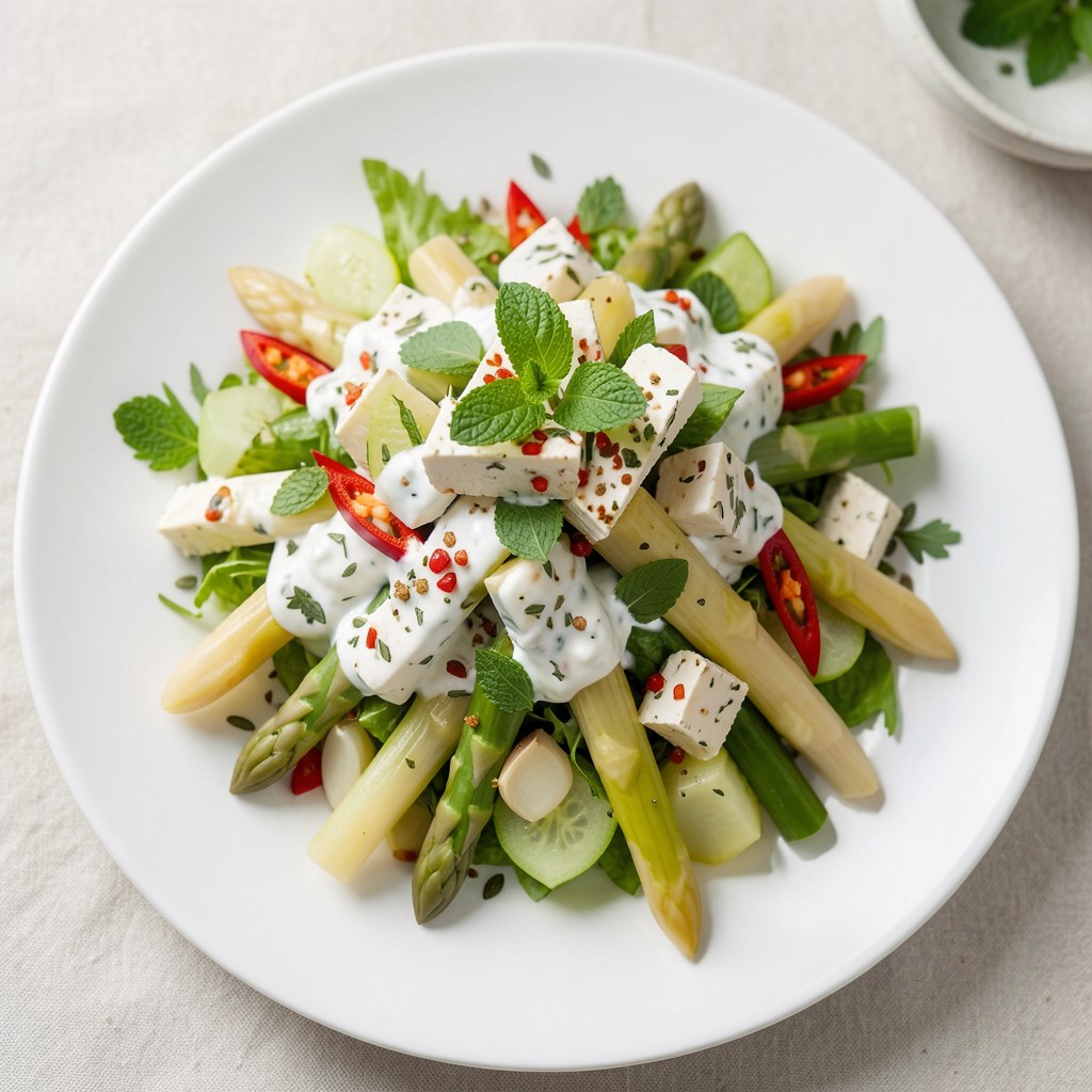 Sałatka z białych i zielonych szparagów z ogórkiem, rzodkiewką, marynowanym w ziołach serem feta oraz sosem jogurtowym aromatyzowanym chili i miętą