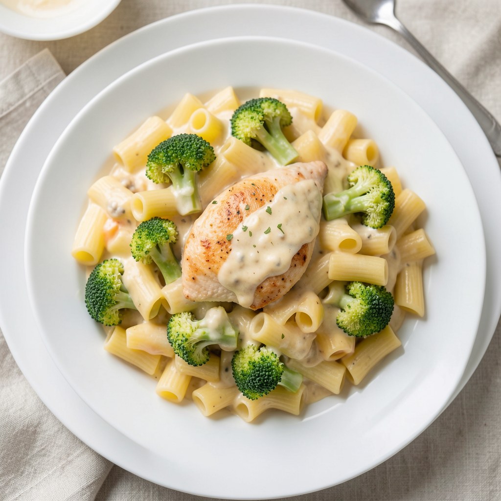 Makaron z sosem śmietanowo-serowym i brokułami