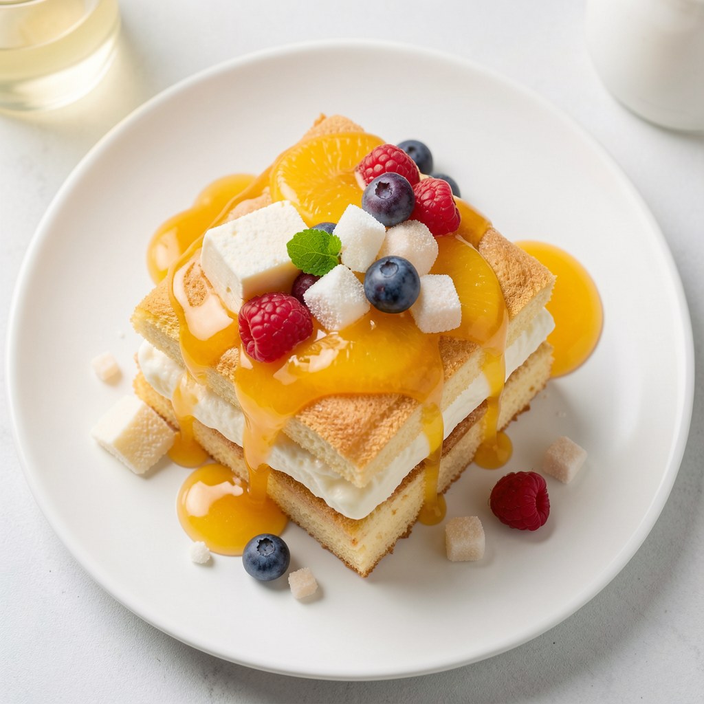 Biszkopt z owocami i kremem.