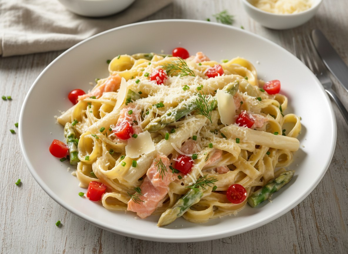 Tagliatelle z białymi i zielonymi szparagami, pomidorami concasse, wędzonym łososiem norweskim i parmezanem