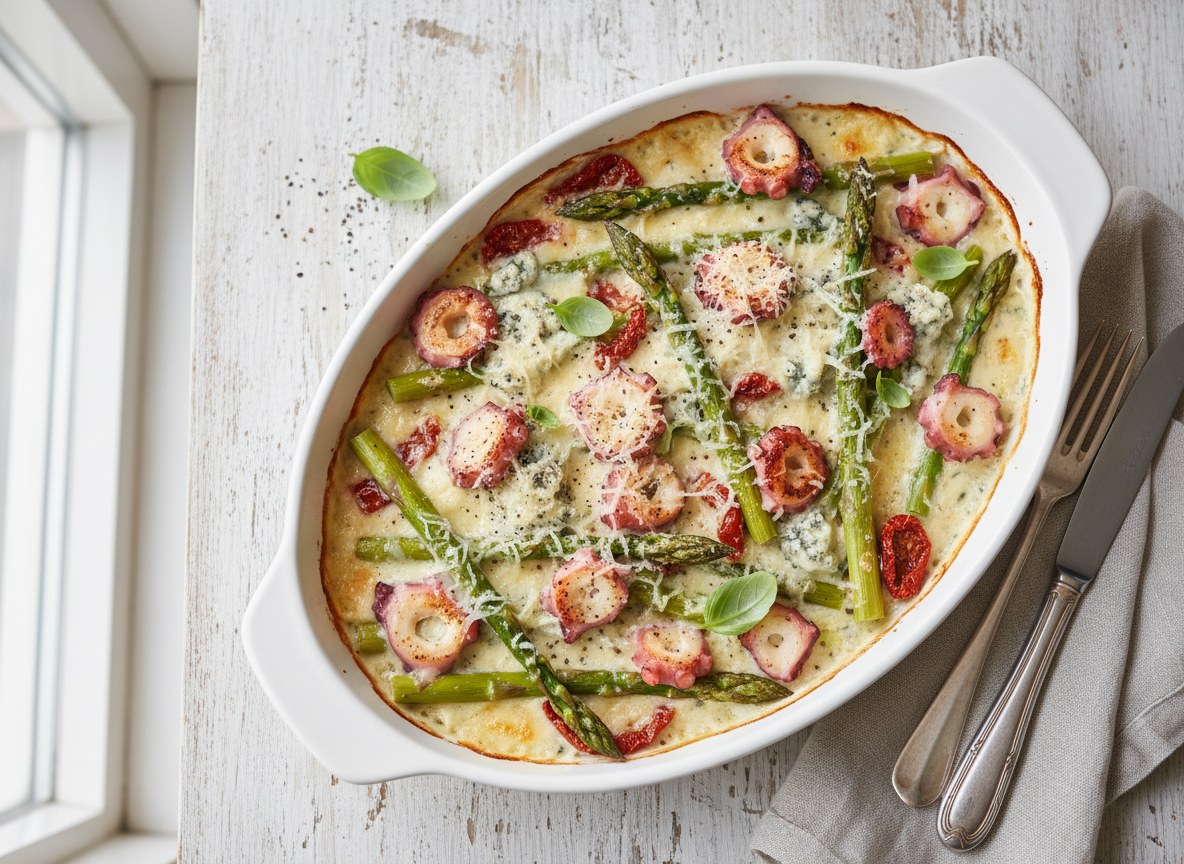 Zapiekane szparagi z płatkami ośmiornicy w sosie gorgonzola z suszonymi pomidorami i parmezanem