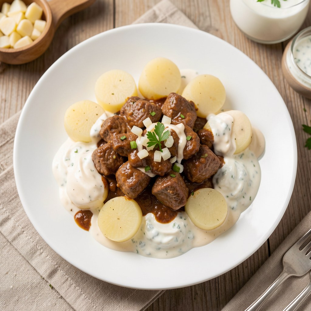 Gułaszowe z pampuchami w sosie czosnkowym