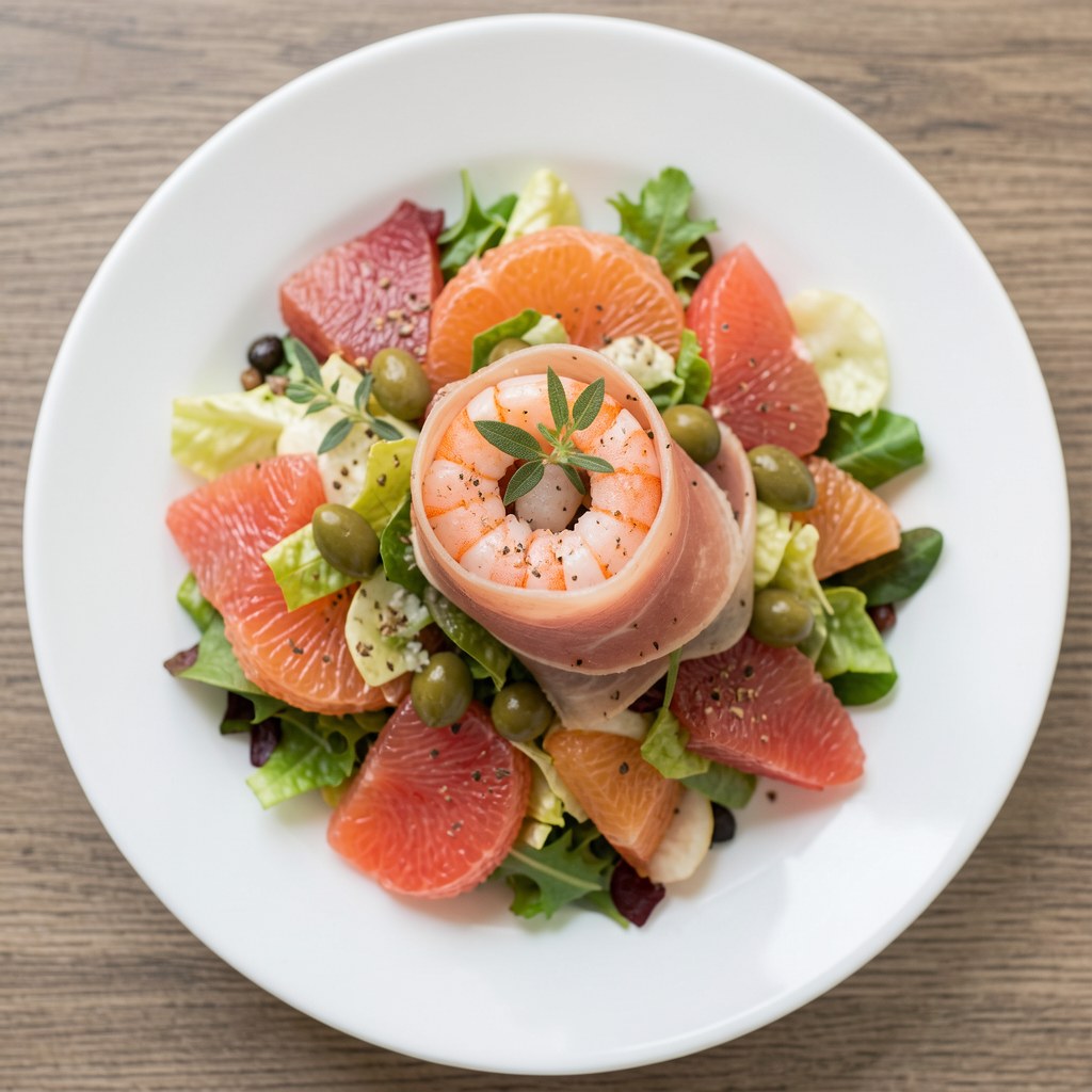 Sałatka z krewetkami w szynce hiszpańskiej