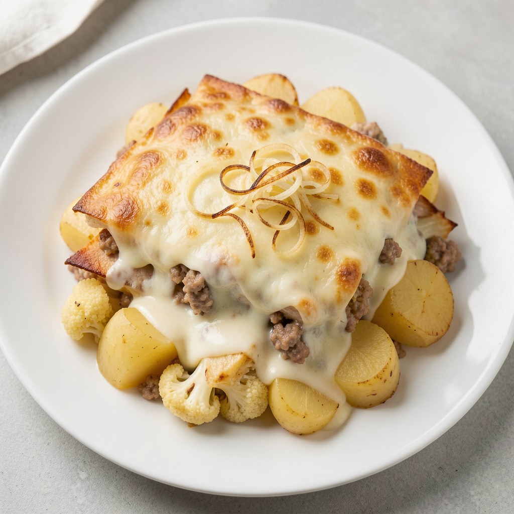 Kalafior zapiekany z mięsem, ziemniakami i prażoną cebulką