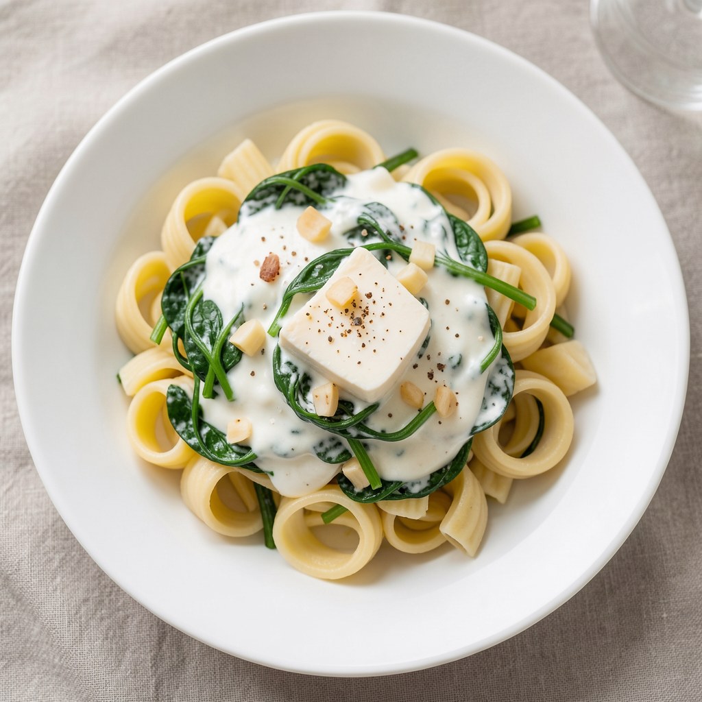 Makaron ze szpinakiem i trzy sery