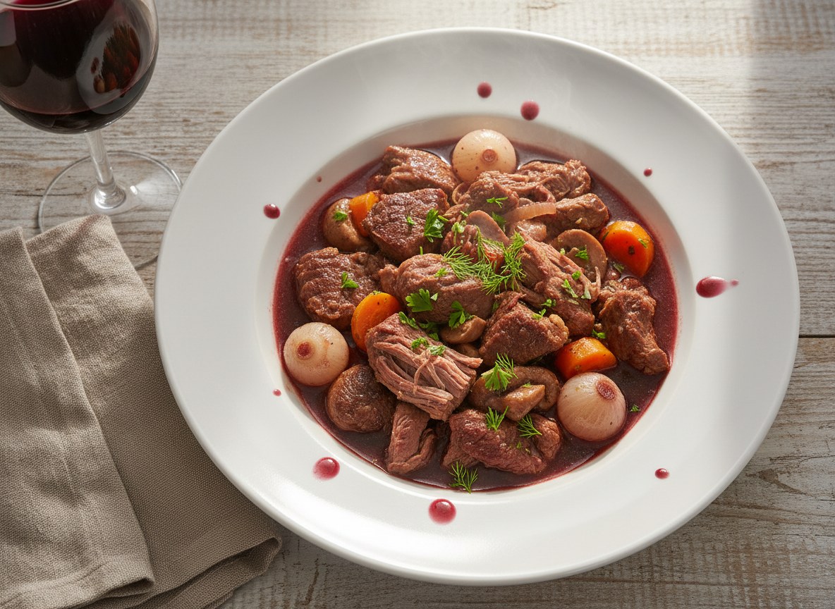 Karelskie ragout z wołowiny, wieprzowiny i jagnięciny duszone z czerwonym winem