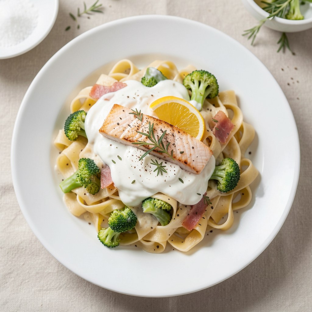 Tagliatelle z brokułami i wędzonym łososiem