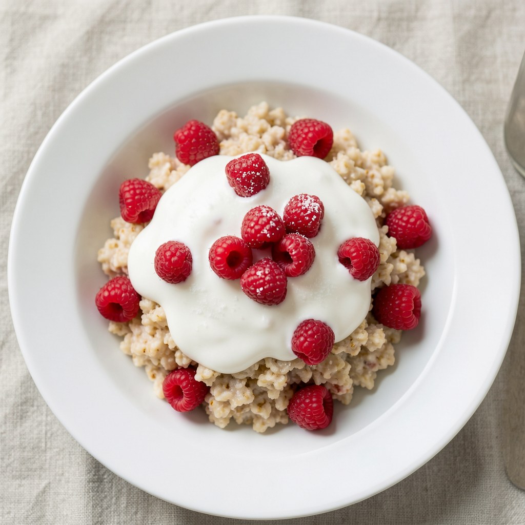 Kasza orkiszowa z truskawkami i śmietanką