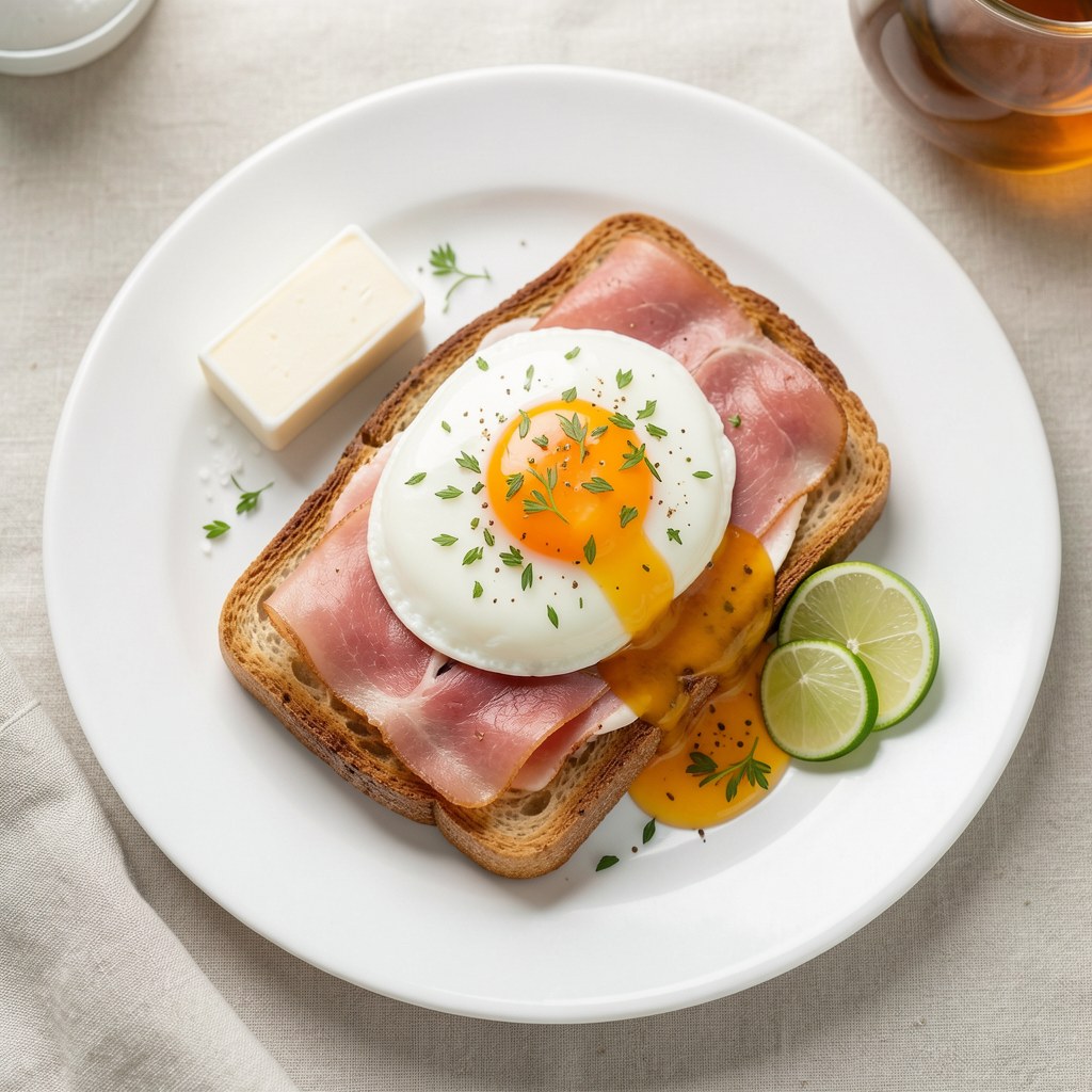 Jajka pochowane na tostach z szynką