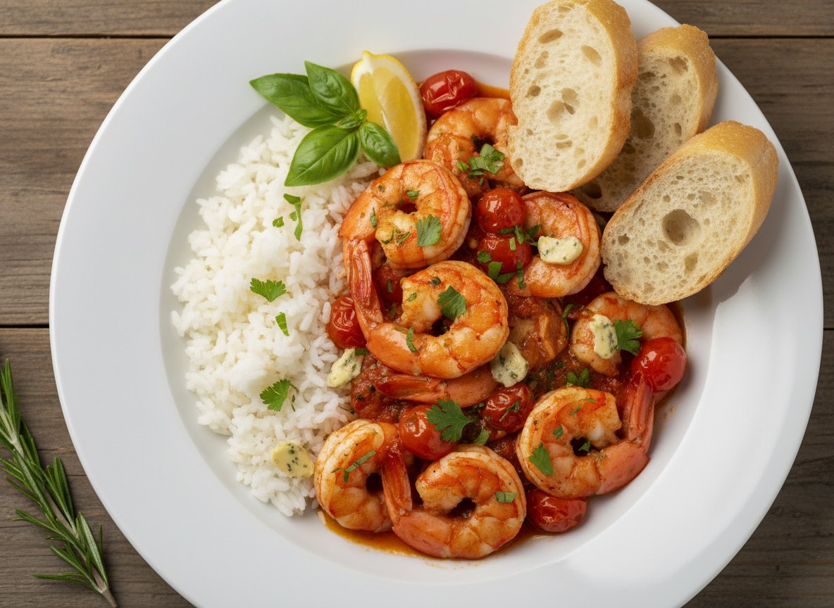 Krewetki królewskie z patelni z pomidorami i ziołami