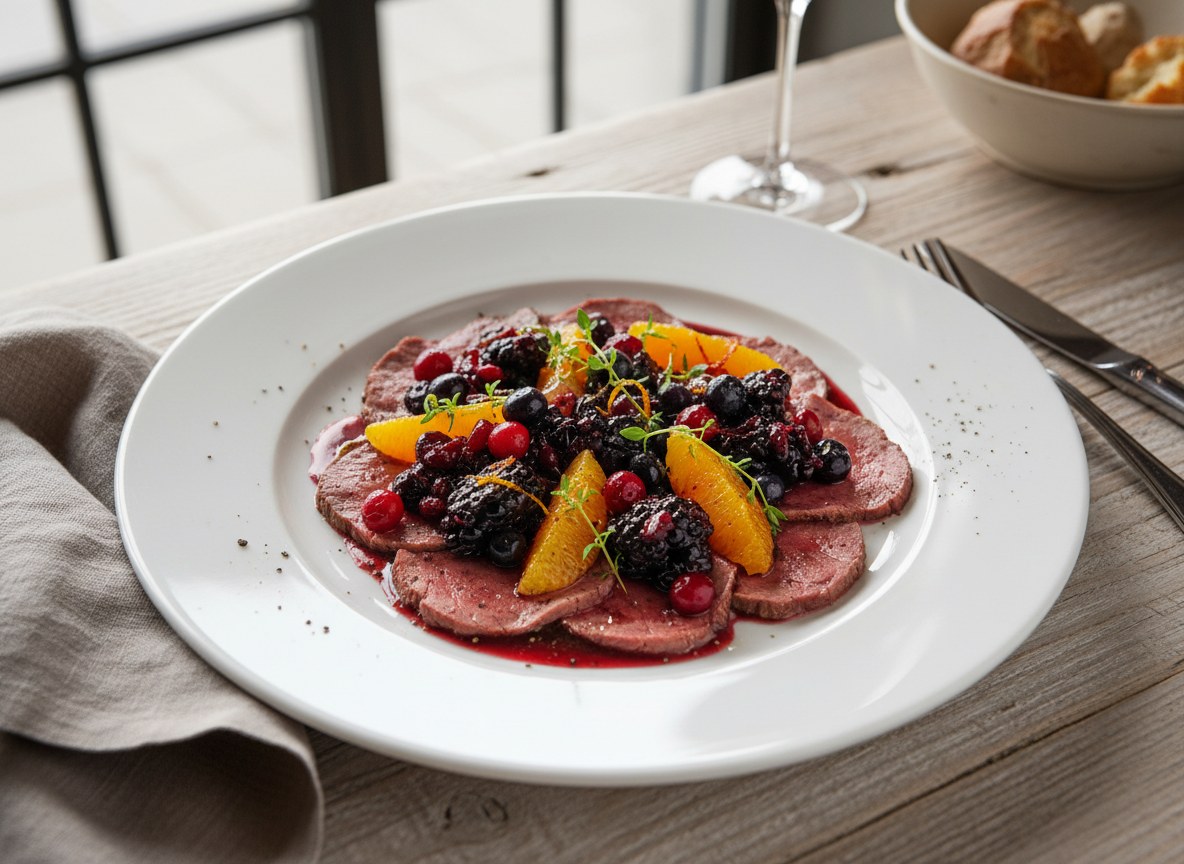Marynowana polędwica z renifera z duszonymi jagodami i pomarańczami