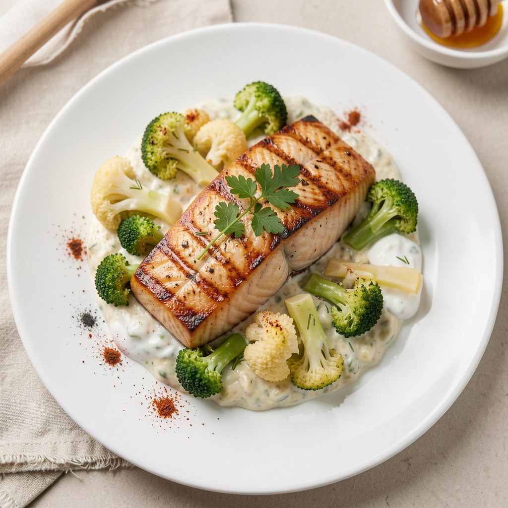Grillowany łosoś norweski z brokułami