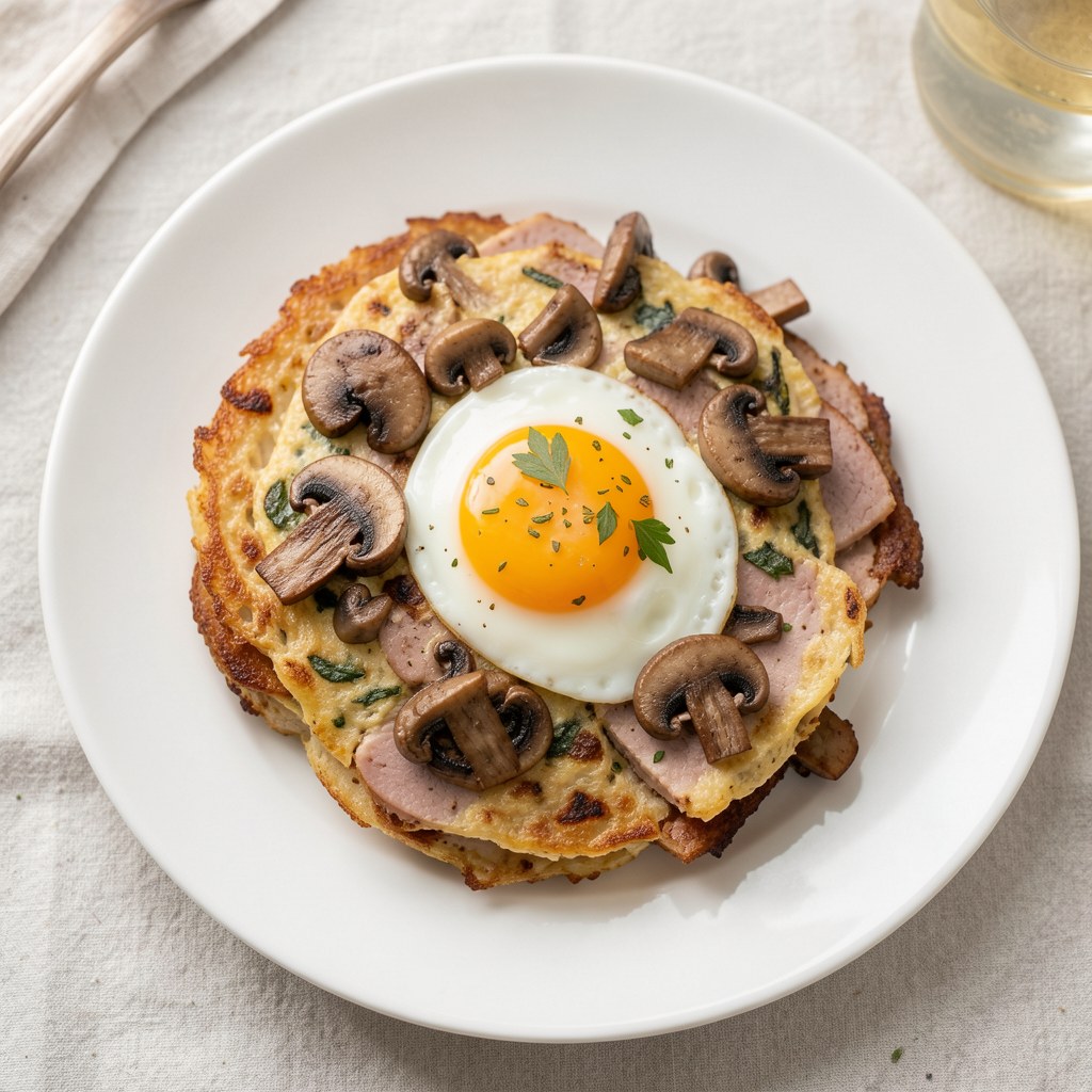 Jajecznica na boczku z grzybami