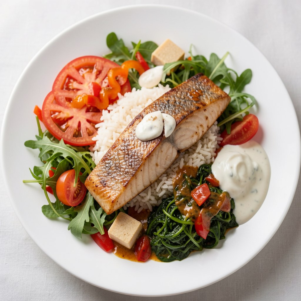 Łosoś zapiekany z ryżem i sosem z zielonej sałaty oraz papryki i pomidorów