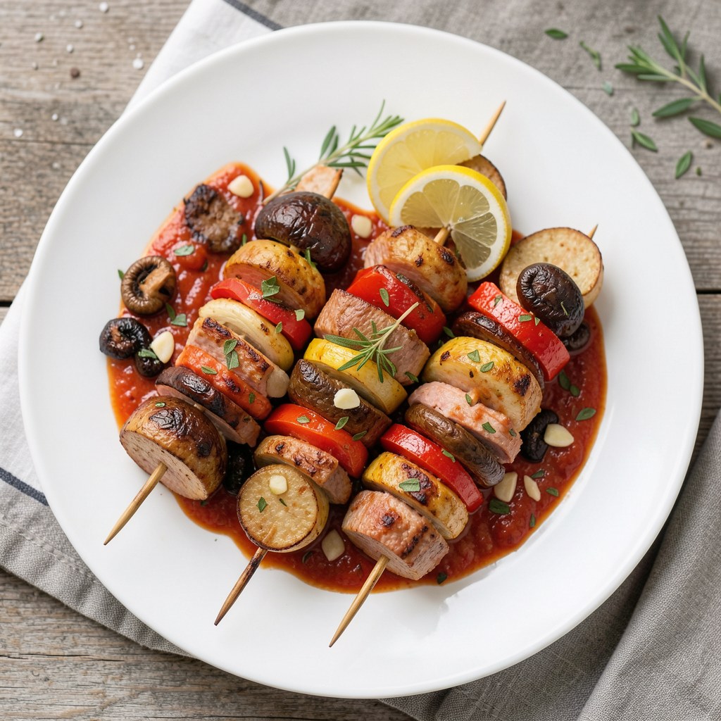 Szaszłyki z szynką i pieczarkami
